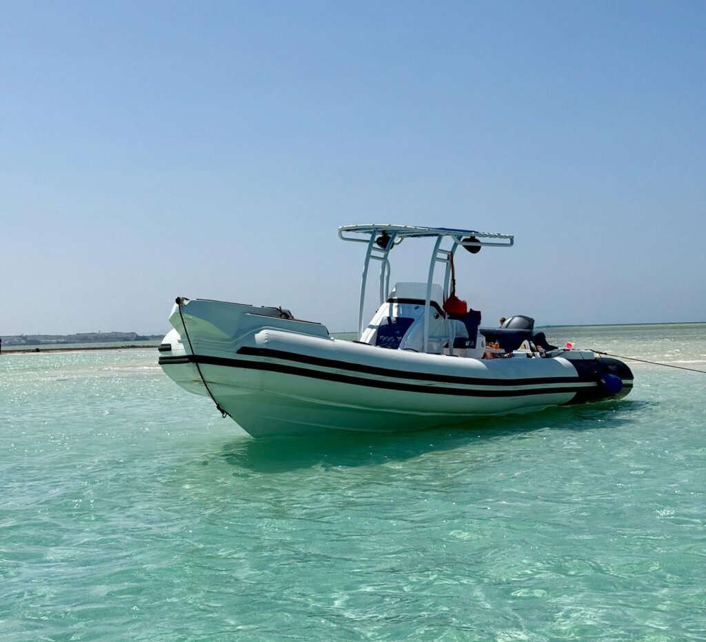 Private speedboat cruising across the crystal-clear Red Sea in Hurghada.