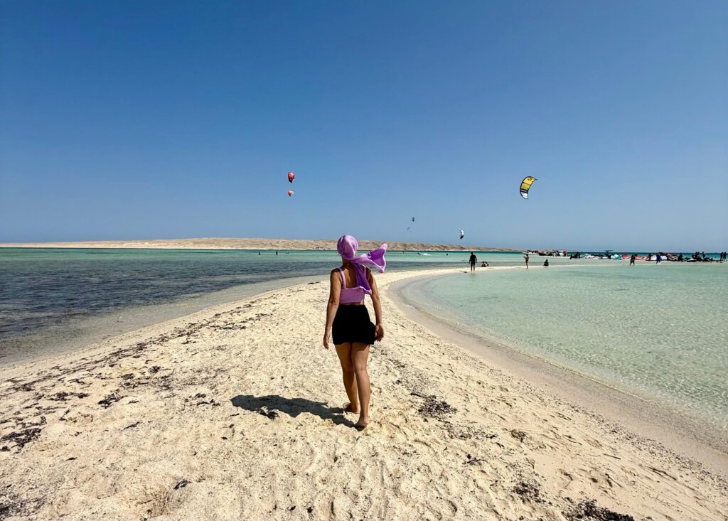 White Island in Hurghada with white sand surrounded by crystal-clear turquoise Red Sea water.